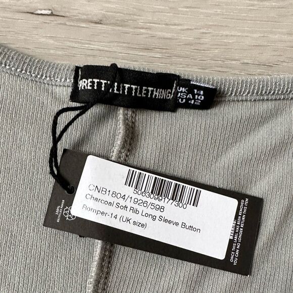 Prettylittlethings Charcoal Soft Rib Long Sleeve Button Romper SZ‎ 10 NWT IN PKG - Picture 5 of 5